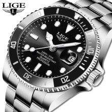 (Black) LIGE Fashion Men Watch Top Brand Luxury Stainless Steel Watches Waterproof Luminous Quartz Wristwatch