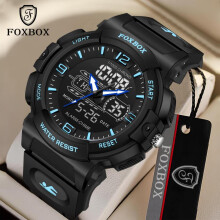 (Blue) FOXBOX New Men Watch Cool Dual Display Men's Quartz Watch Silicone Strap Waterproof Sports Watch