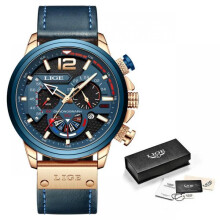 (Blue) LIGE 2022 New Fashion Mens Leather Quartz Watch For Men Top Brand Luxury Wristwatch Waterproof Sport Clock+Box