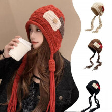 (Rouge) Women Knit Beanie Winter Warm Chunky Patchwork Pom Pom Earflap Hat Korean Style Pullover Cap