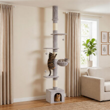 PawHut Floor to Ceiling Cat Tree, 230-250cm Multi-Level Cat Tower Light Grey