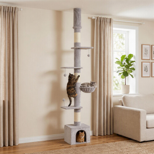 PawHut PawHut Floor to Ceiling Cat Tree, 230-250cm Multi-Level Cat Tower Light Grey