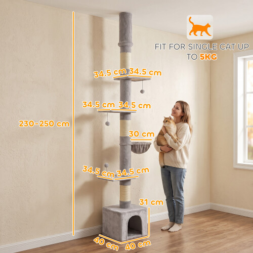 PawHut PawHut Floor to Ceiling Cat Tree, 230-250cm Multi-Level Cat Tower Light Grey 2