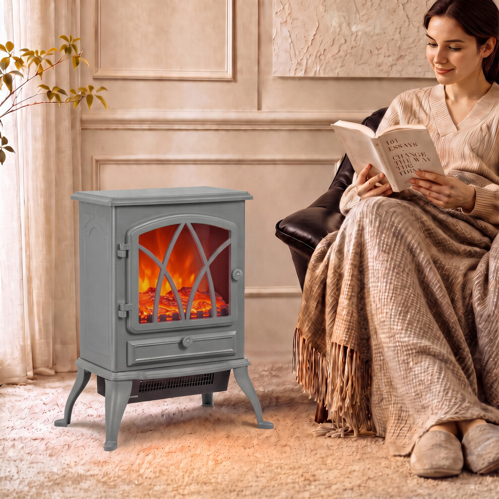 Homcom Freestanding Fireplace Flame Effect Electric Heater Log Burning Grey