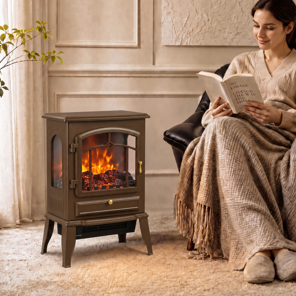 Homcom Electric Fireplace Stove With Realisric Log Flame Effect, Brown