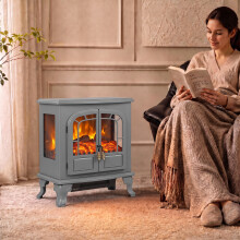HOMCOM Free standing Electric Fireplace Stove LED Fire Flame Effect Grey