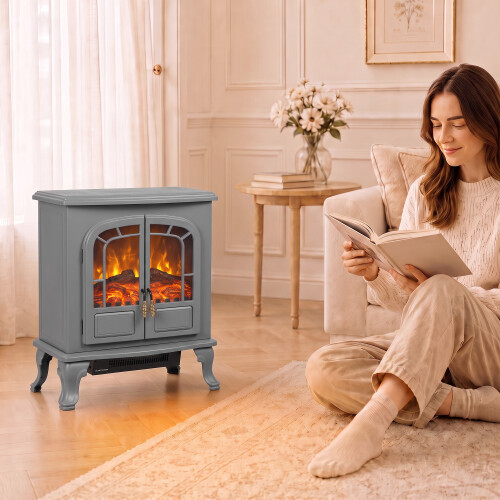 Homcom HOMCOM Free standing Electric Fireplace Stove LED Fire Flame Effect Grey 1