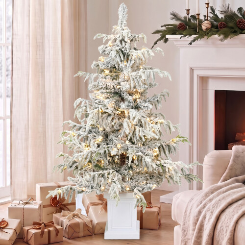 Homcom HOMCOM 4ft Prelit Flocked Christmas Tree with 8 Modes, Remote, Green White