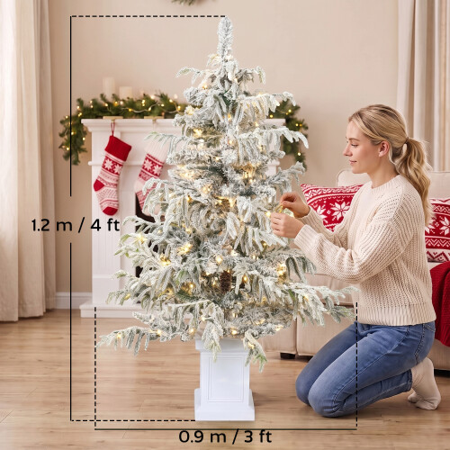Homcom HOMCOM 4ft Prelit Flocked Christmas Tree with 8 Modes, Remote, Green White 2