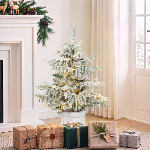 Homcom HOMCOM 3ft Prelit Flocked Christmas Tree with 8 Modes, Remote, Green White 1