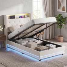 HOMCOM Lift up Storage Bed Frame with RGB LED Lights 90 x 190cm Cream White