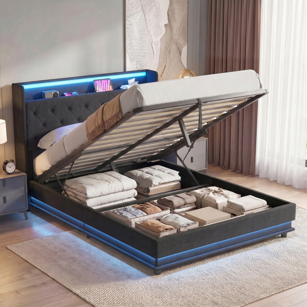 Rackhams Black Lift Up Storage Bed Frame With Rgb Led Lights, 135 X 190Cm, - Image 4