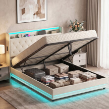 HOMCOM Lift up Storage Bed Frame with RGB LED Lights, 150 x 200cm, White
