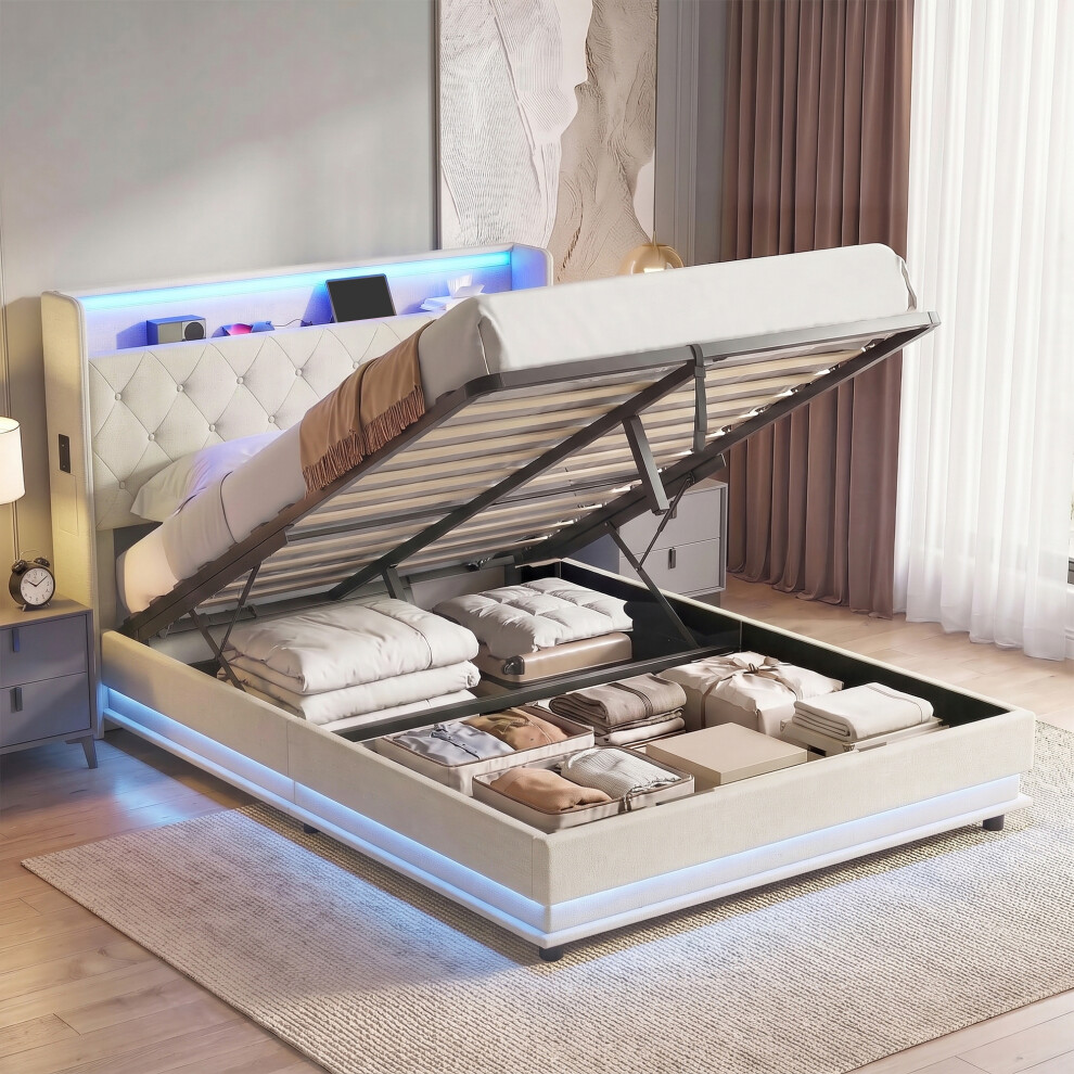 Homcom Cream 4Ft6 Double Bed Frame With Headboard, Platform Bed Frame With Hydraulic Storage, Led Lights And Charging Station, - Image 4