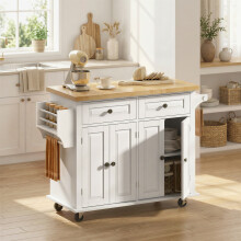 HOMCOM Kitchen Island on Wheels with Rubber Wood Top, Drawers, Cream White