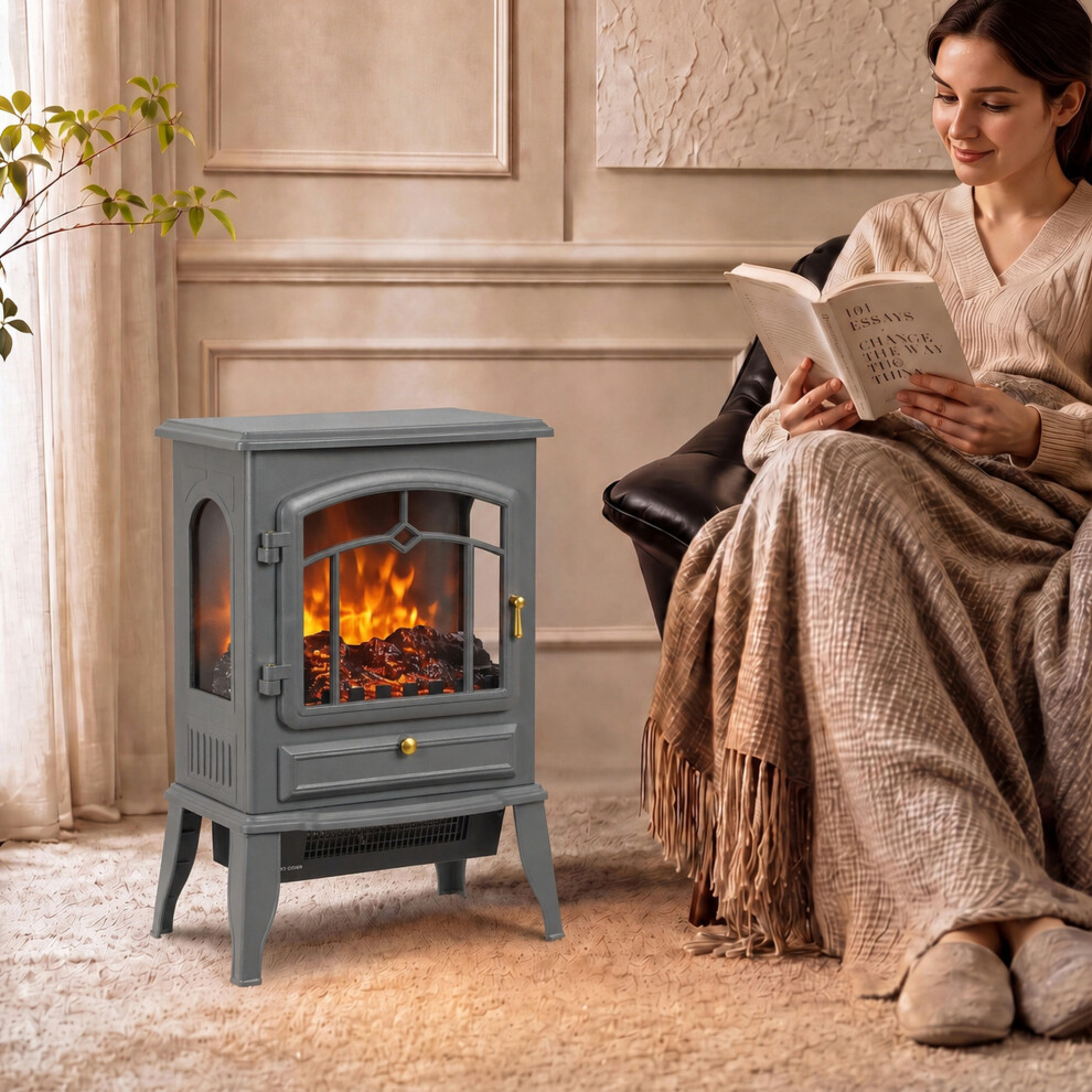 Homcom Grey Electric Fireplace Stove With Realisric Log Flame Effect, - Image 6