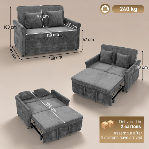Homcom HOMCOM 2 Seater Sofa Bed, 3-in-1 Convertible Pull Out Sofa Bed, Grey 2