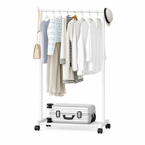 Mobile Floor Standing Single Rod Clothes Rack - Easy Assembly & Multi-Purpose Storage White