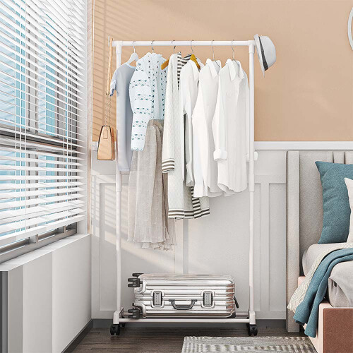Mobile Floor Standing Single Rod Clothes Rack - Easy Assembly & Multi-Purpose Storage White 2