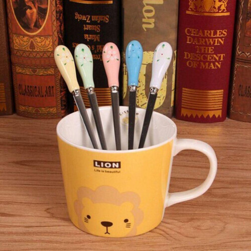 (Pink)Ceramic Handle Floral Stirring Spoon Tableware Stainless Steel Tableware Milk 2