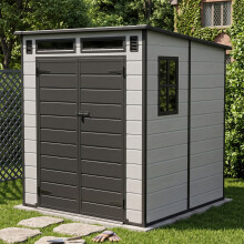 6 x 6FT Outdoor Garden Pent Roof Tool Storage Shed, Smoky Grey Wood Grain+Black