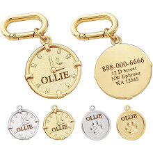 (Clock) Personalised Double-Sided Dog ID Tag, Stainless Steel Pet Name Tag, Laser Engraved Collar Charm, Gold or Silver