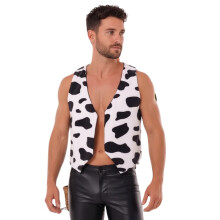 Soft Fuzzy Cow Print Plush Sleeveless Vest For Men, V Neck Open Party Outerwear