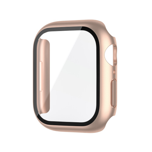 Capa Protetora em PC Ouro Rosa com Protetor de Tela em Vidro Temperado Compatível com Apple Watch 4/5/6 44mm