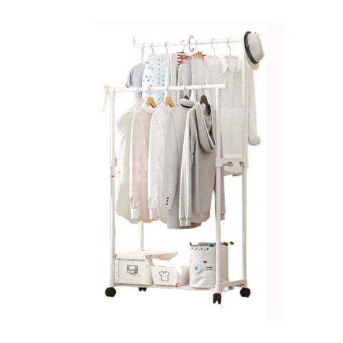Mobile Double Rail Garment Rack - Adjustable Height & Rolling Clothes Organizer White