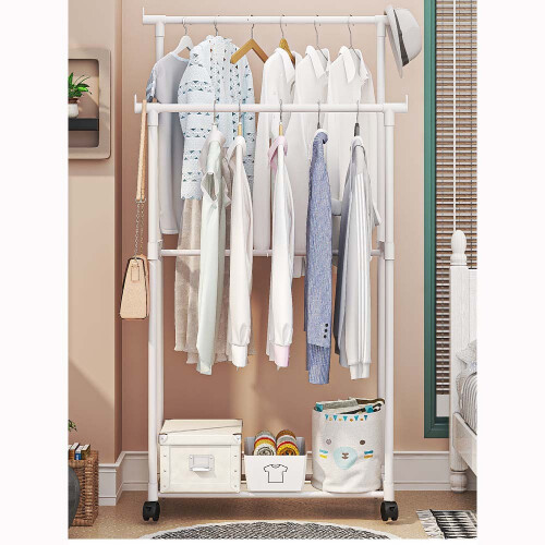 Mobile Double Rail Garment Rack - Adjustable Height & Rolling Clothes Organizer White 2