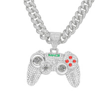(Silver) Alloy Game Console Full Rhinestone Pendant Necklace Cuban Chain Trendy Nightclub Hip Hop Jewelry