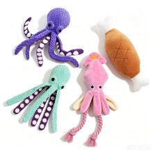 Octopus Plush Squeaky Dog Toy With Rope Tail, Interactive Teething Tug Toy For Small Medium Puppies