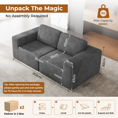 Corduroy Modular Sofa | Cloud-style Sectional 2 Seater Sofa Set Fluffy Memory Foam Cushions 2