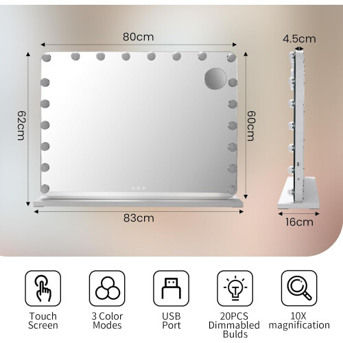 80x60cm Make-up Mirror with 20 Dimmable LEDs, USB 2