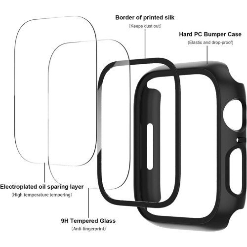 Capa Protetora Compatível com Apple Watch 46mm (10ª Geração) - PC Preto + Vidro Temperado 2