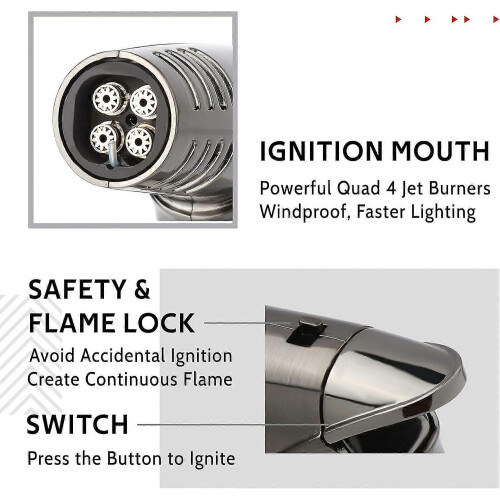 Torch Lighter, Quad 4 Jet Flame Windproof Butane Lighter with Safety Lock Adjustable Refillable Lighter for Kitchen Grill BBQ Cand 2