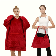 (Red) Cozy Packable Blanket Hoodie - Soft, Warm, Oversized Flannel Poncho With Hood For Adults Packable Bag