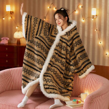 (Brown) New Cute Blanket Hooded Cloak Coral Velvet Pajamas Women's Autumn Winter Thickened Robe Blanket Multifunctional Thermal Products