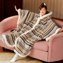 (Stripe) New Cute Blanket Hooded Cloak Coral Velvet Pajamas Women's Autumn Winter Thickened Robe Blanket Multifunctional Thermal Products