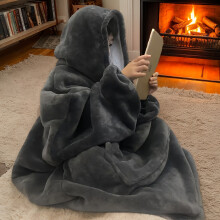 (Grey) Cozy Oversized Reversible Fleece Hoodie Blanket - Soft Plush Wearable Sweatshirt with Kangaroo Pocket,Oversized Hoodie Blanket