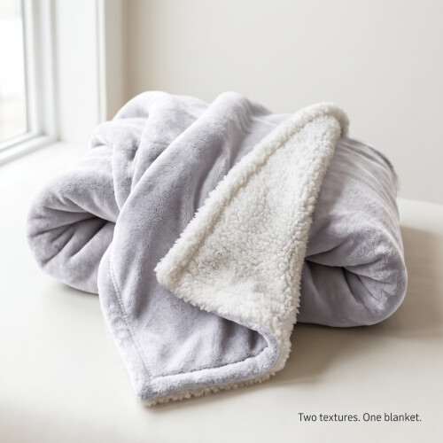 (Silver, SINGLE: 130cm x 150cm) Sherpa Mink Blanket Reversible Throw Single Double King Size 1