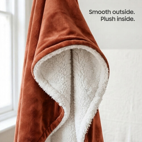 (Rust Orange, SINGLE: 130cm x 150cm) Sherpa Mink Blanket Reversible Throw Single Double King Size 2