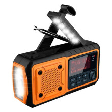 Radio solaire d'urgence extérieure à manivelle DAB376BT avec fonction de batterie externe, radio DAB/FM et lampe de lecture.