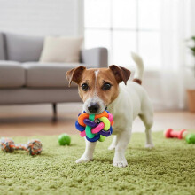Rassel-Hundespielzeugball aus gewebtem TPR, bunt mit Glöckchen im Inneren, robust, kaubar, quietschig