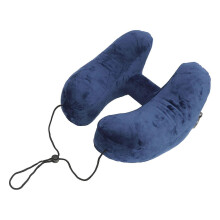 Oreiller de voyage gonflable en forme de H pour la nuque, avec capuche, design compact, bleu marine, confort optimal pour les long