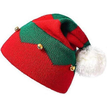Gorro de punto navideño - Gorro de punto de elfo de Papá Noel con pompón para adultos y adolescentes, rojo, talla mediana