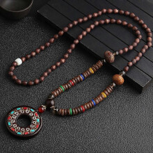 Mala træperlevedhængshalskæde, etnisk lang statement håndlavet vintage boho hippie-stil uldkæde træperlehalskæde, naturl