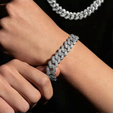 Brazalete de cadena cubana Miami con incrustaciones de 14 mm para hombre, pulseras de hip hop chapadas en oro blanco A9250 de