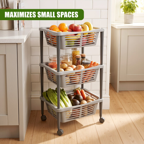 GEEZY GEEZY 3 Tier Vegetable Storage Rack Trolley on Wheels Kitchen Fruit Basket Organiser 2
