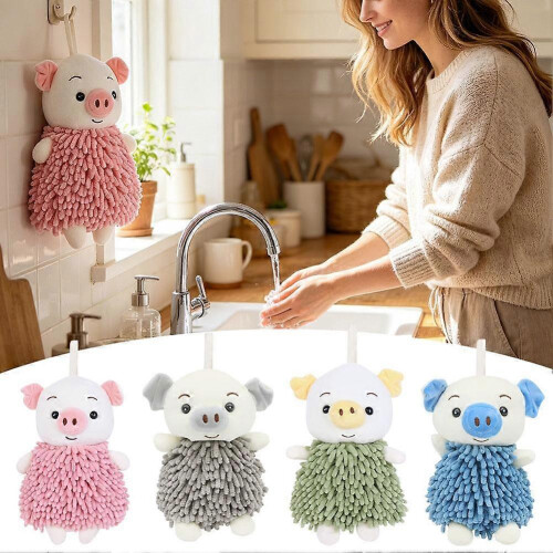 Pig-Shaped Chenille Hand Towel with Hanging Loop for Quick Drying and Soft Absorption in Bathroom or Kitchen, Available 2